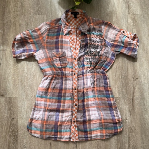 Vintage y2k Orange Plaid Button Down Peplum Top with Grunge Vibe Bling - Picture 5 of 8